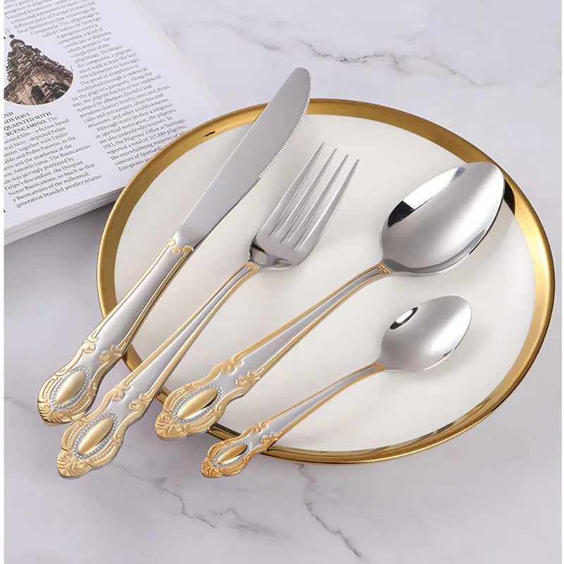 Golden Cutlery Set,Luxury Retro Western Flatware Set,Includes Spoons, Forks,Knifes,Dishwasher Safe