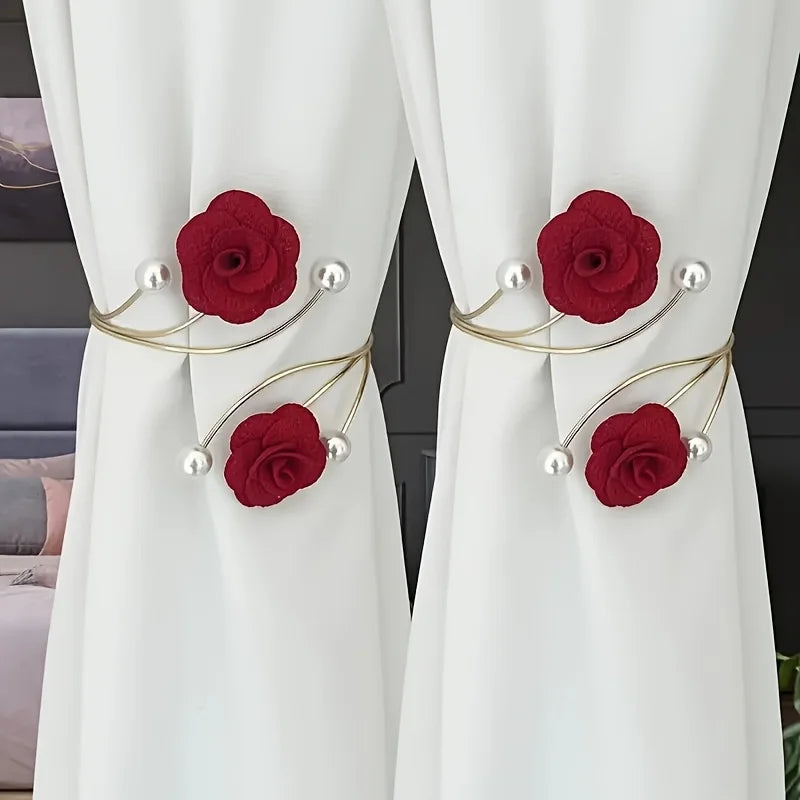 2-piece set of rose patterned curtain ties with adjustable metal curtain buckles, suitable for various curtain decorations