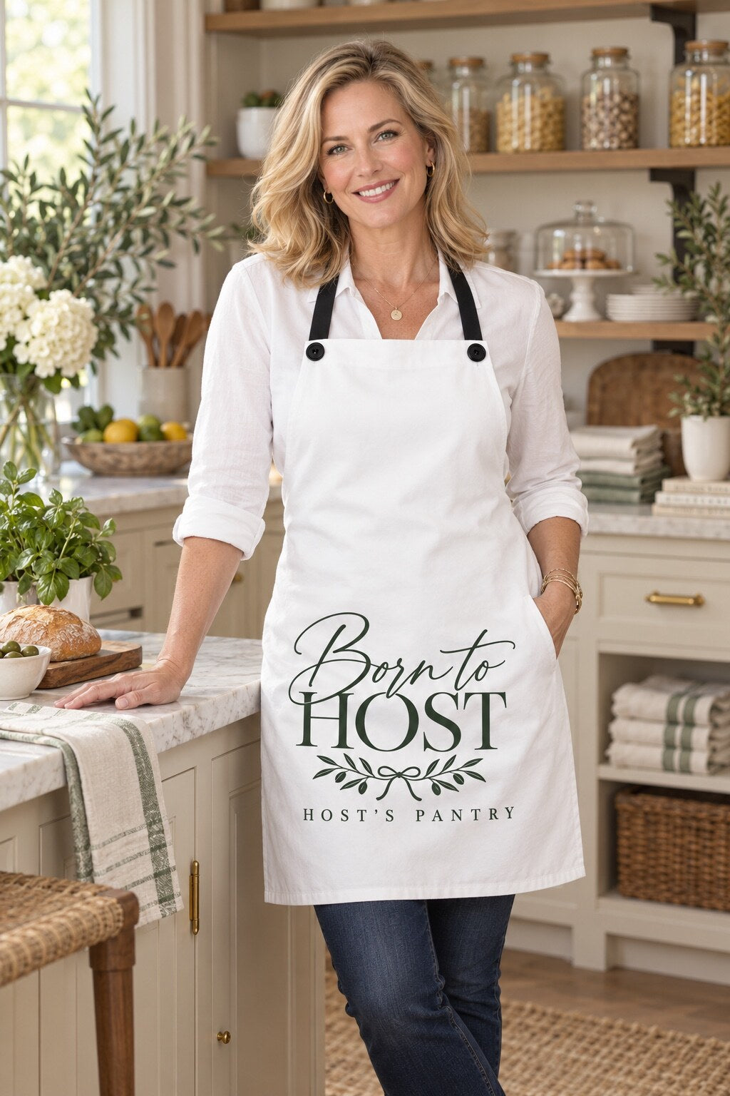 Founder of The Host’s Pantry in a bright, welcoming kitchen