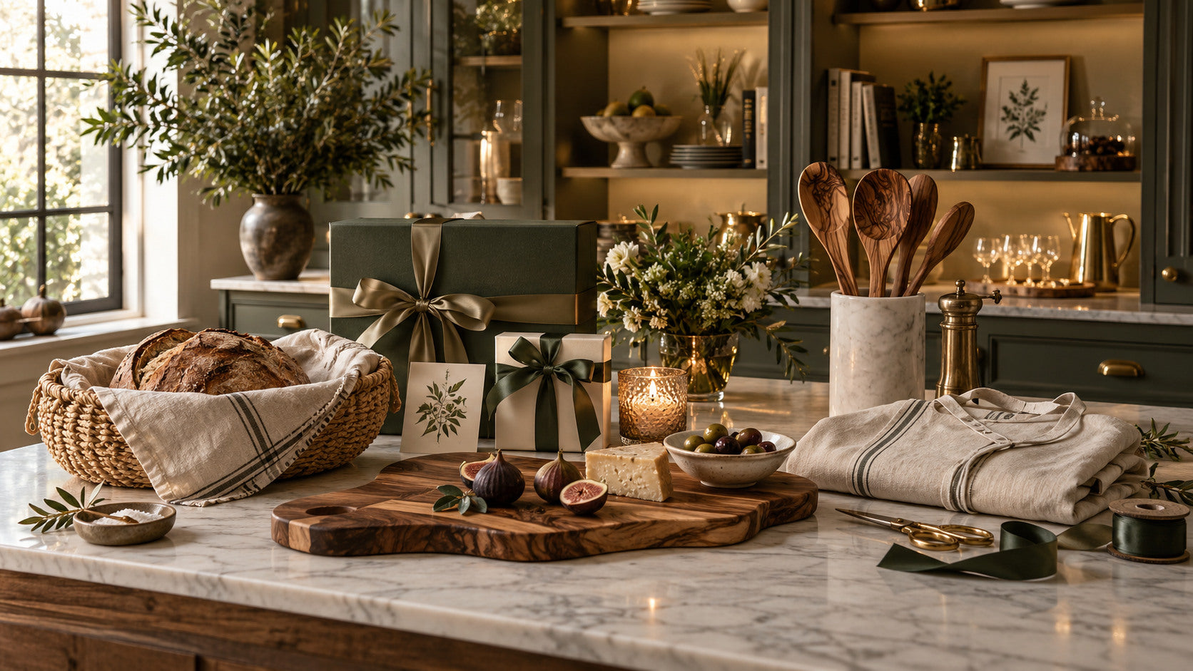 Elegant gifts for a gracious host arranged on a marble pantry island